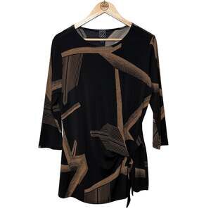 Clara Sun Woo Blouse Geometric Side-Tie 3/4 Sleeve Black Women's Small USA Made